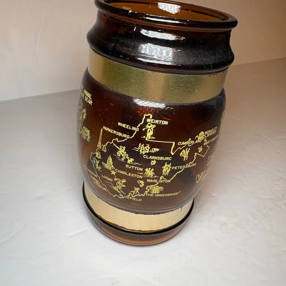 Vintage West Virginia Souvenir Brown Glass Barrel Mug Wood Handle Greenbrier